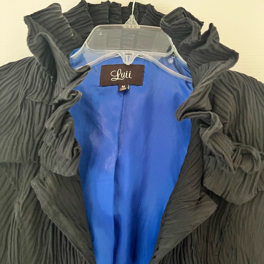 Luii black coat with ruffle neckline and sapphire lining!